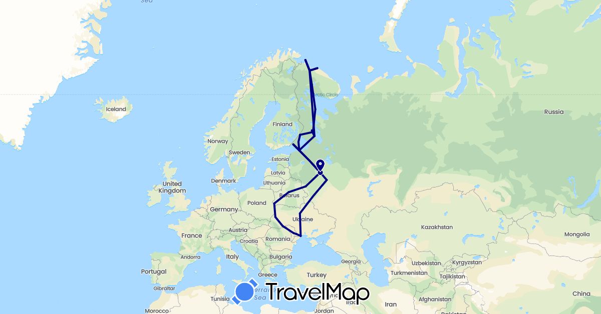 TravelMap itinerary: driving in Belarus, Moldova, Russia, Ukraine (Europe)